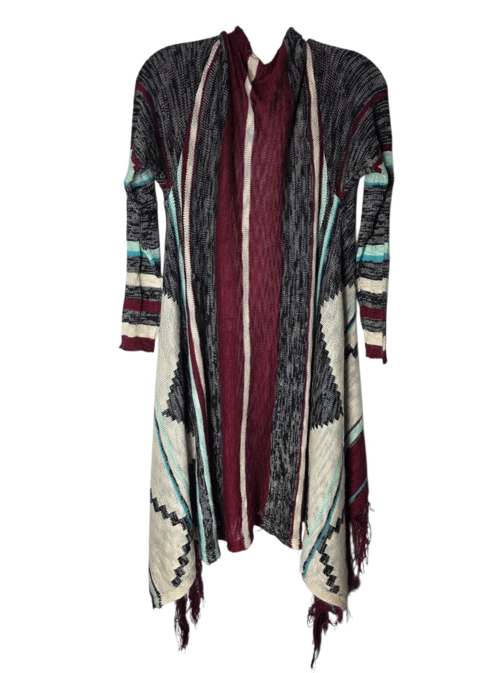 No Boundaries Multicolor Striped Open-Front Fringe Cardigan